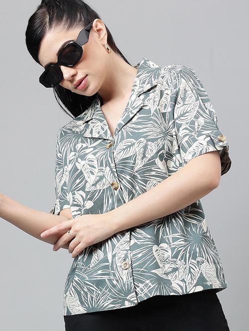 women printed lapel collar short sleeve shirt - 22038618 -  Standard Image - 0