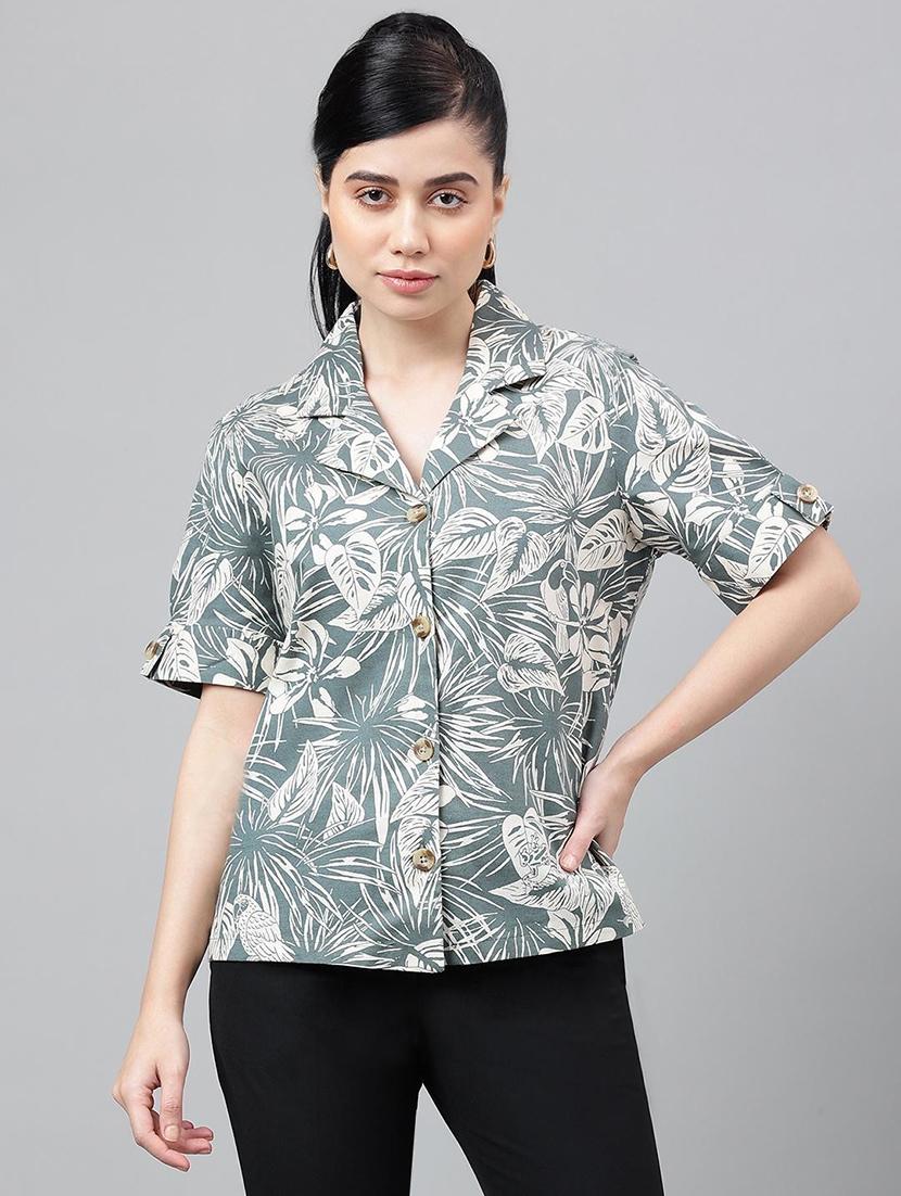 women printed lapel collar short sleeve shirt - 22038618 -  Standard Image - 1