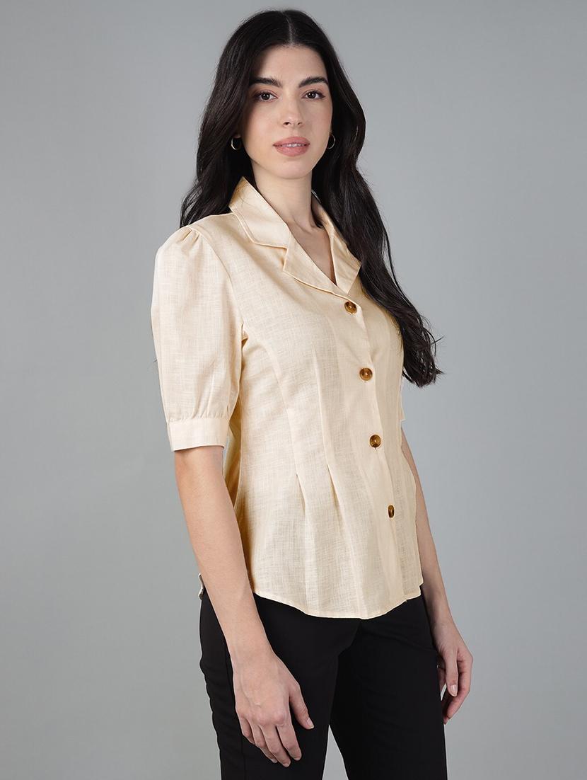 women solid lapel collar short sleeve shirt - 22038623 - Standard Image - 1