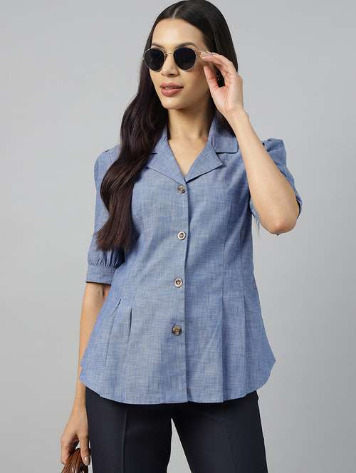 women solid lapel collar regular fit shirt - 22038624 - Standard Image - 0