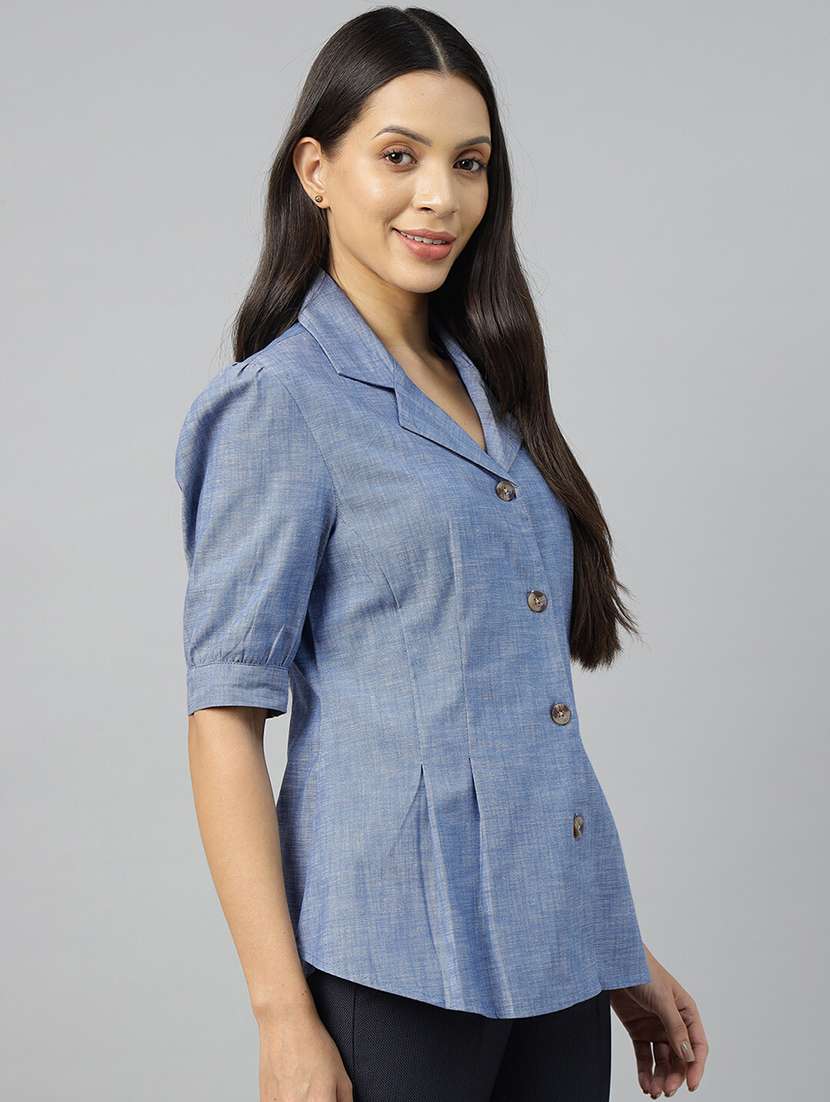 women solid lapel collar regular fit shirt - 22038624 - Standard Image - 1