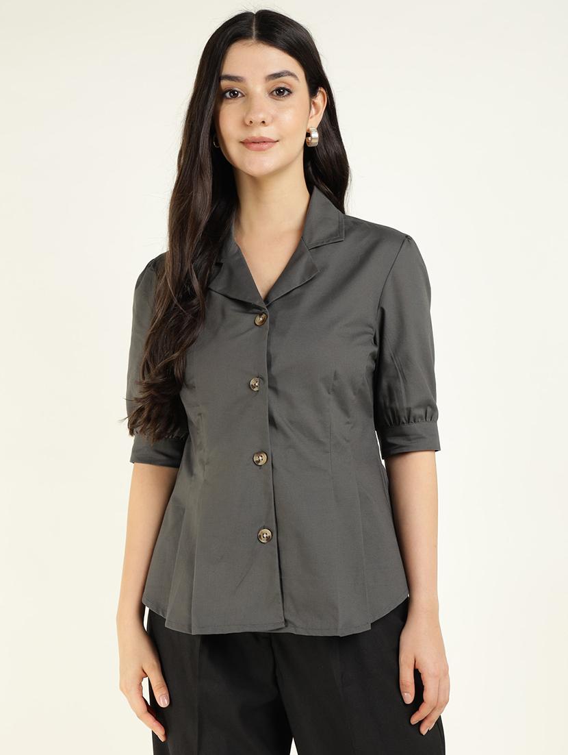 women solid lapel collar puff sleeve shirt - 22038625 - Standard Image - 1