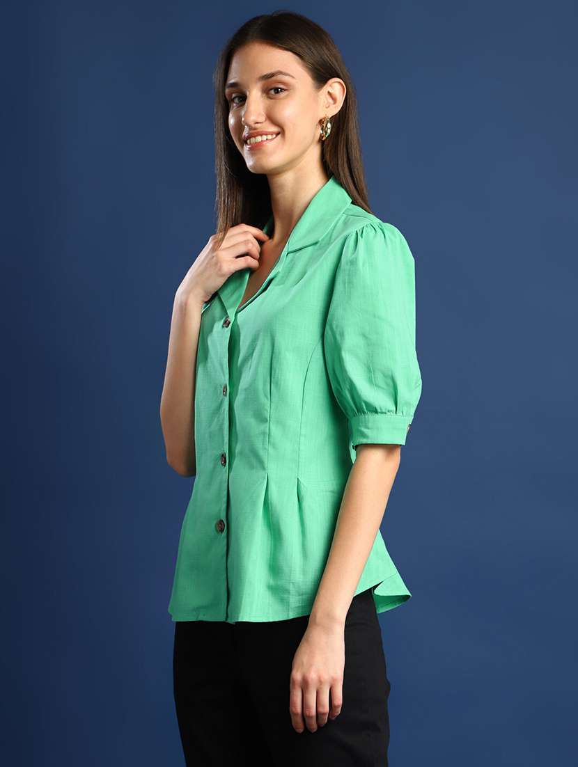 women solid lapel collar puff sleeve shirt - 22038626 - Standard Image - 1