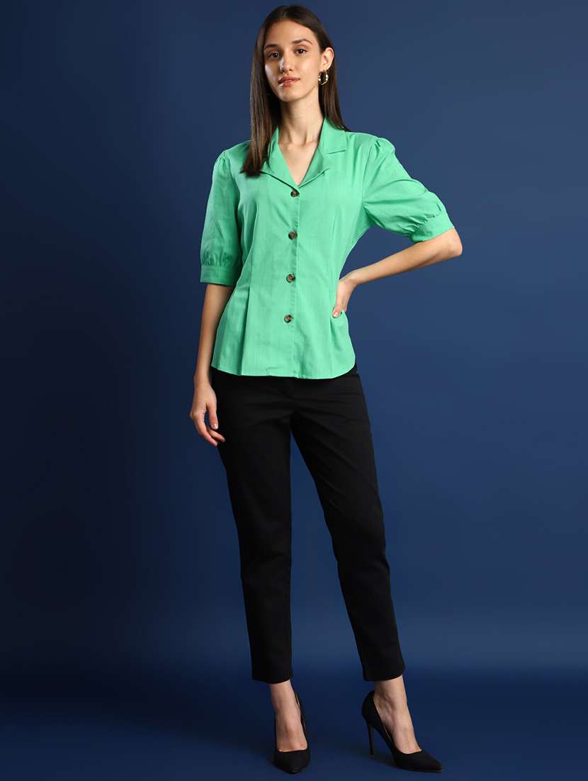 women solid lapel collar puff sleeve shirt - 22038626 - Standard Image - 4