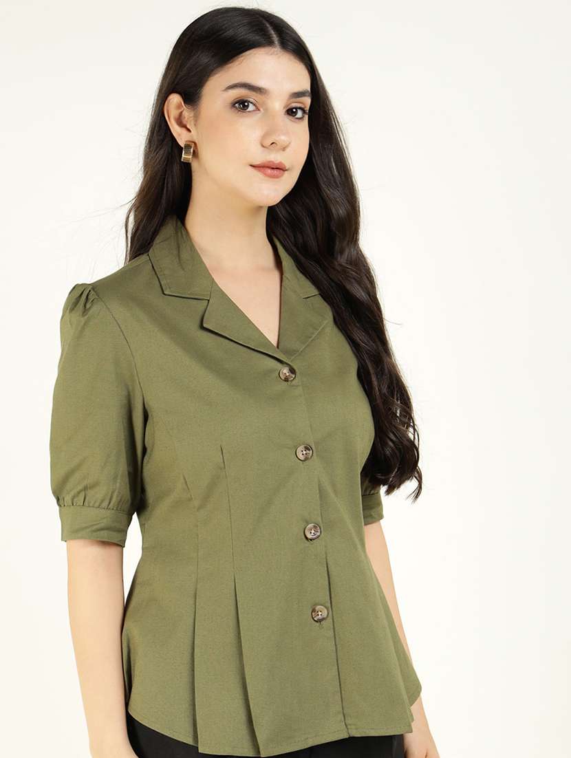 women solid lapel collar regular fit shirt - 22038629 - Standard Image - 1