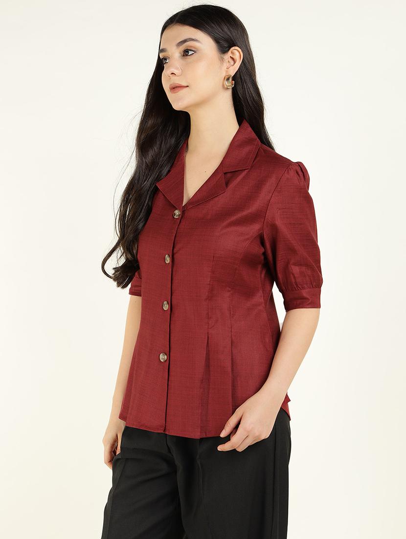 women solid lapel collar regular fit shirt - 22038630 - Standard Image - 1