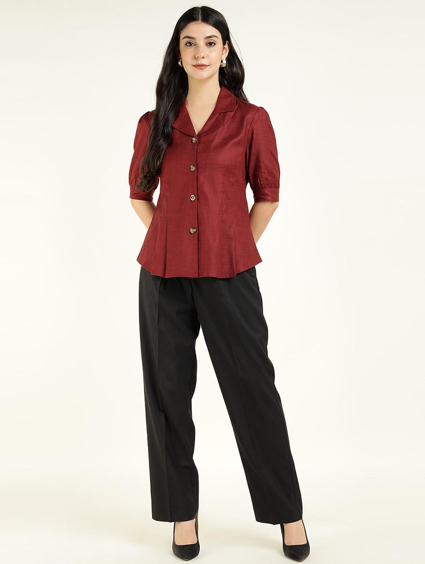 women solid lapel collar regular fit shirt - 22038630 - Standard Image - 4