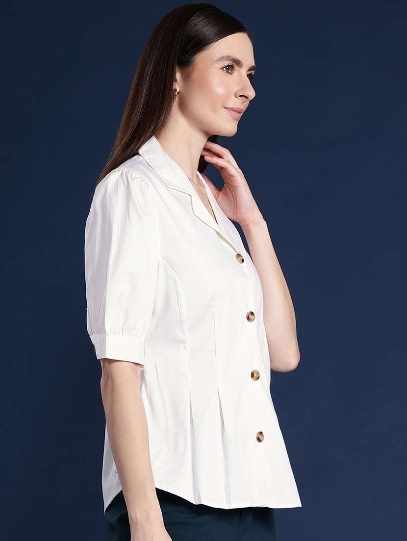 women solid lapel collar puff sleeve shirt - 22038631 -  Standard Image - 1