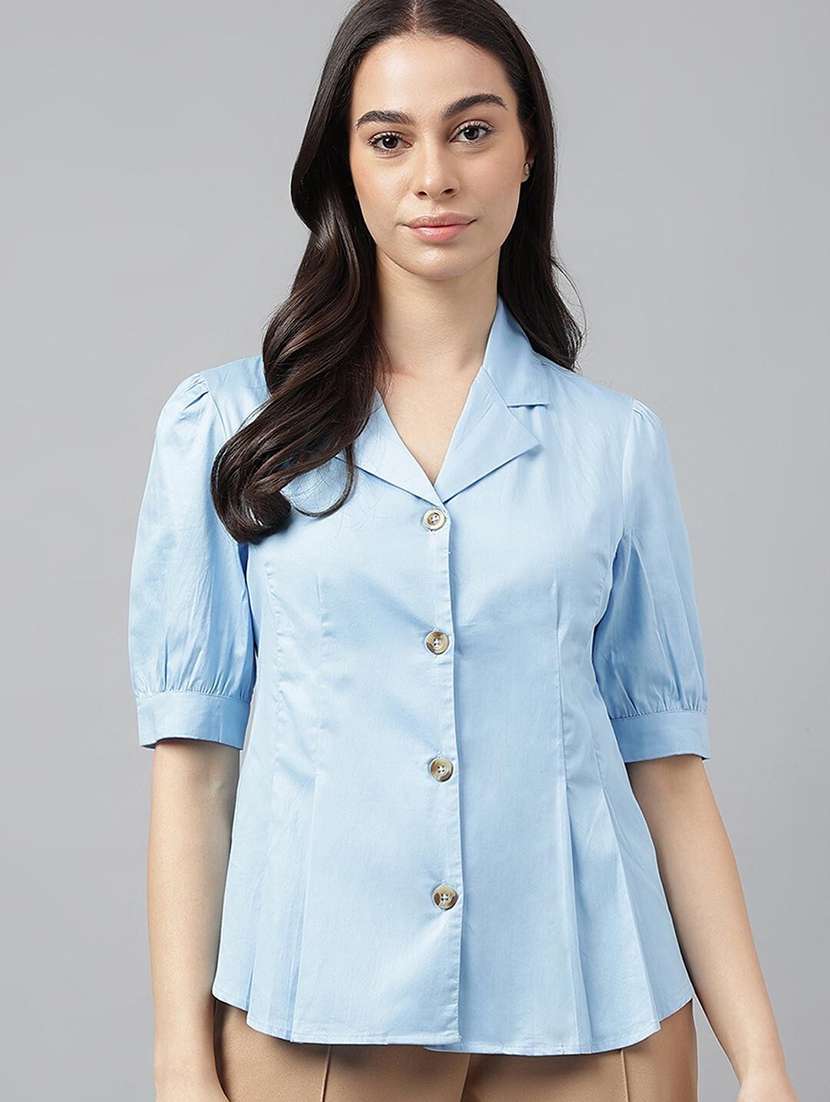 women solid lapel collar puff sleeve shirt - 22038633 -  Standard Image - 1