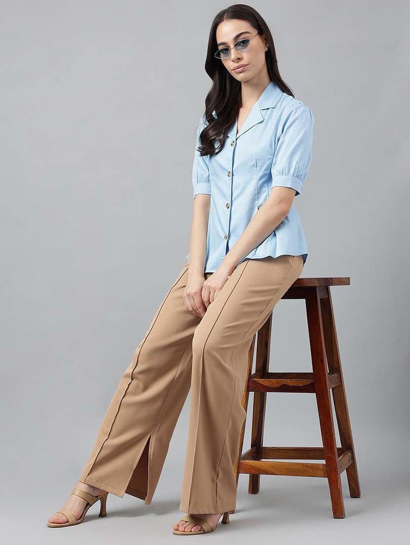 women solid lapel collar puff sleeve shirt - 22038633 -  Standard Image - 4