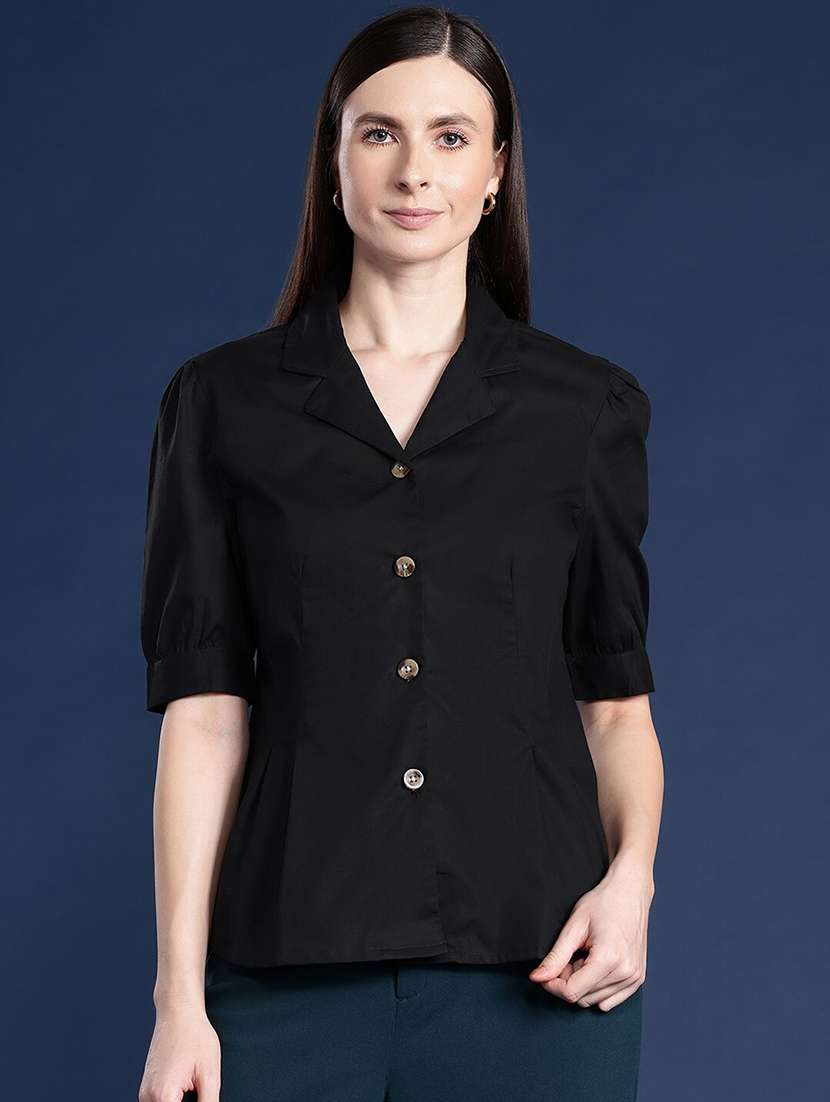 women solid lapel collar puff sleeve shirt