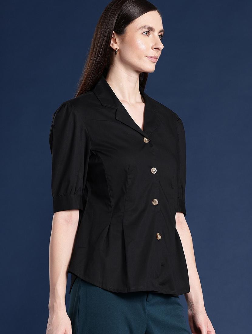 women solid lapel collar puff sleeve shirt - 22038634 - Standard Image - 1