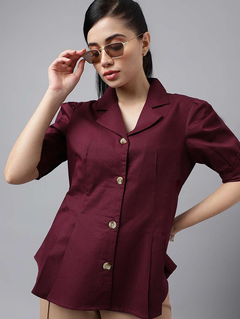 women solid lapel collar regular fit shirt