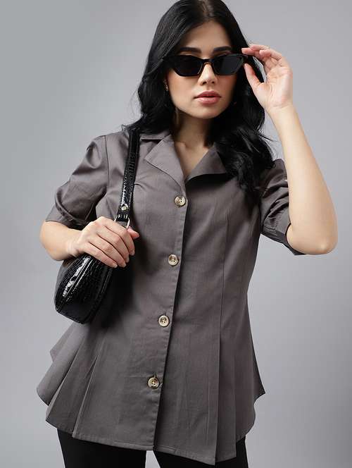 women solid lapel collar regular fit shirt - 22038636 -  Standard Image - 0