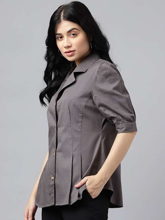 women solid lapel collar regular fit shirt - 22038636 -  Standard Image - 1