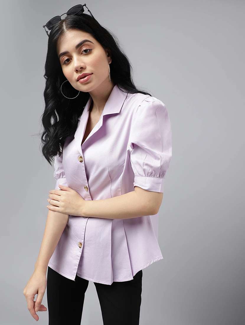 women solid lapel collar regular fit shirt