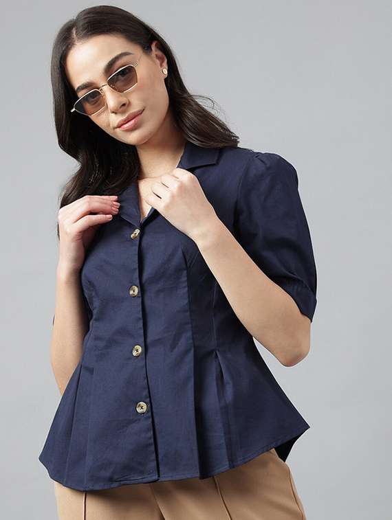women solid lapel collar regular fit shirt