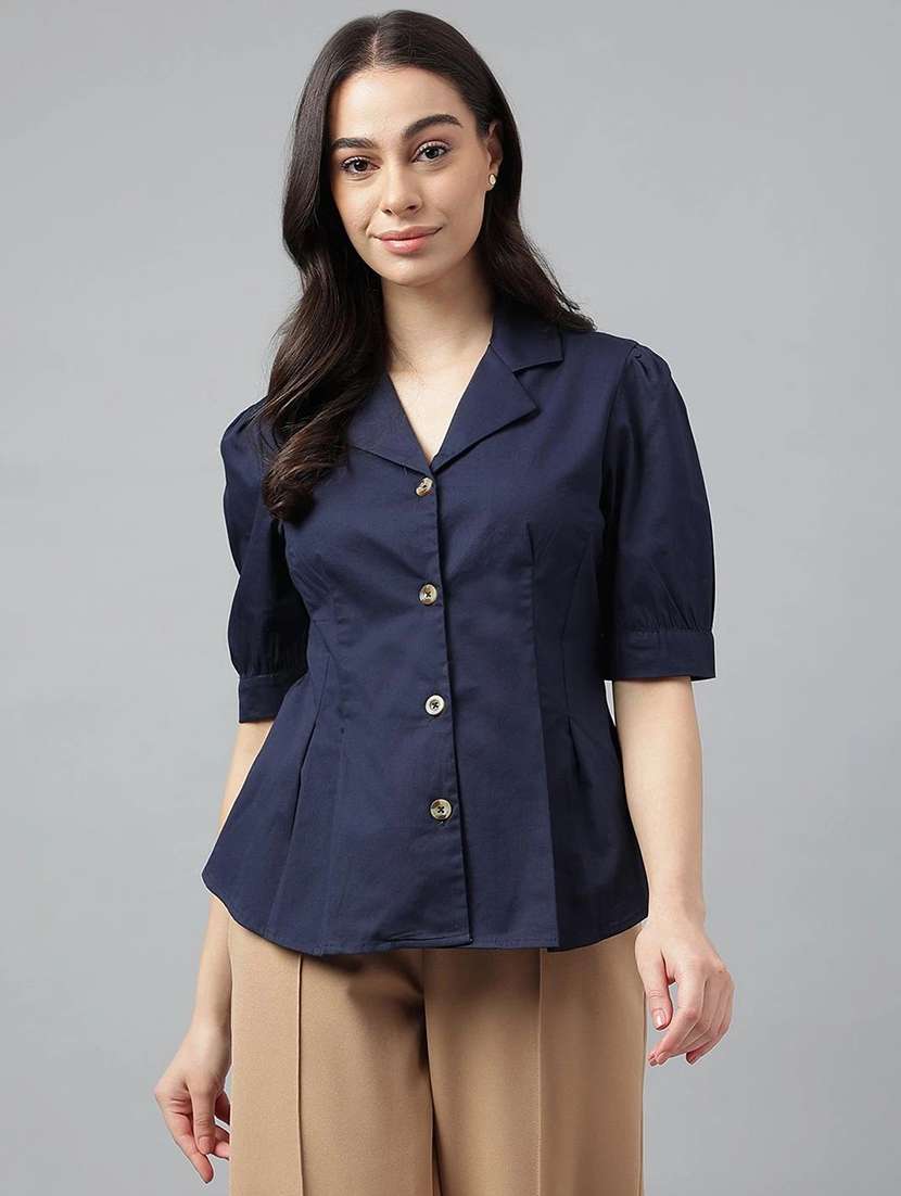 women solid lapel collar regular fit shirt - 22038638 - Standard Image - 1