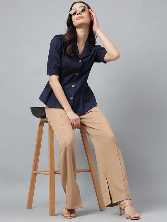 women solid lapel collar regular fit shirt - 22038638 - Standard Image - 4