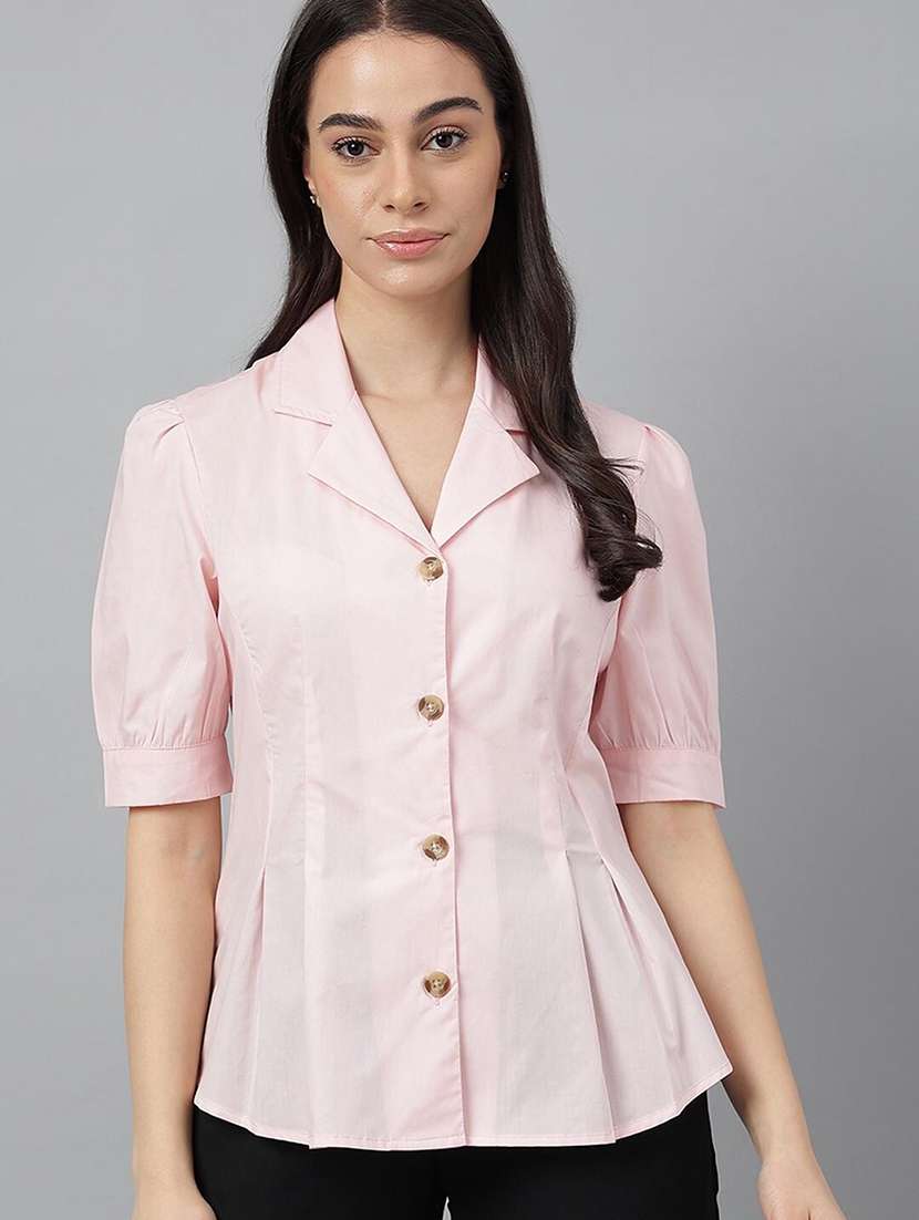 women solid lapel collar puff sleeve shirt - 22038639 -  Standard Image - 1