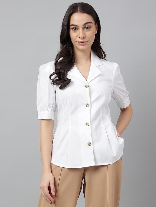 women solid lapel collar regular fit shirt - 22038641 - Standard Image - 0