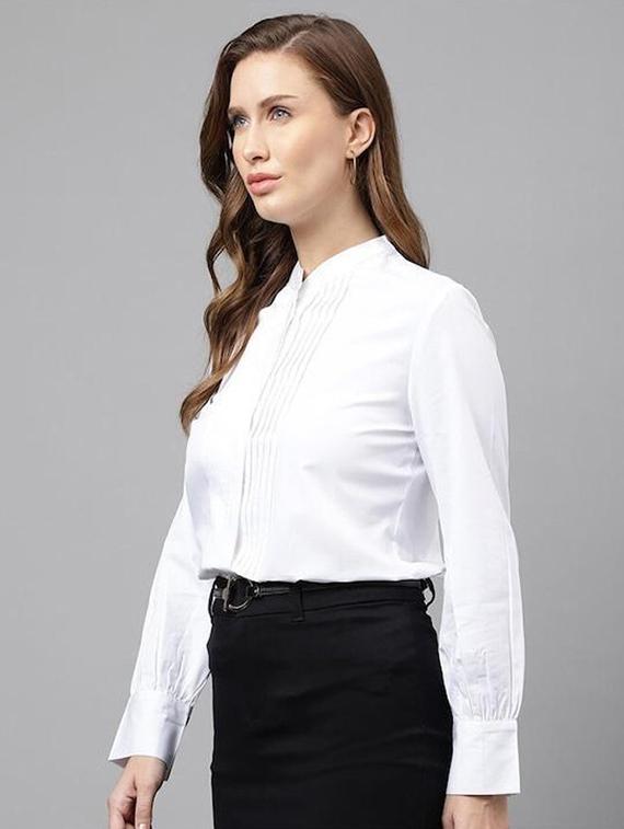 women solid mandarin collared long sleeve shirt - 22038646 - Standard Image - 1