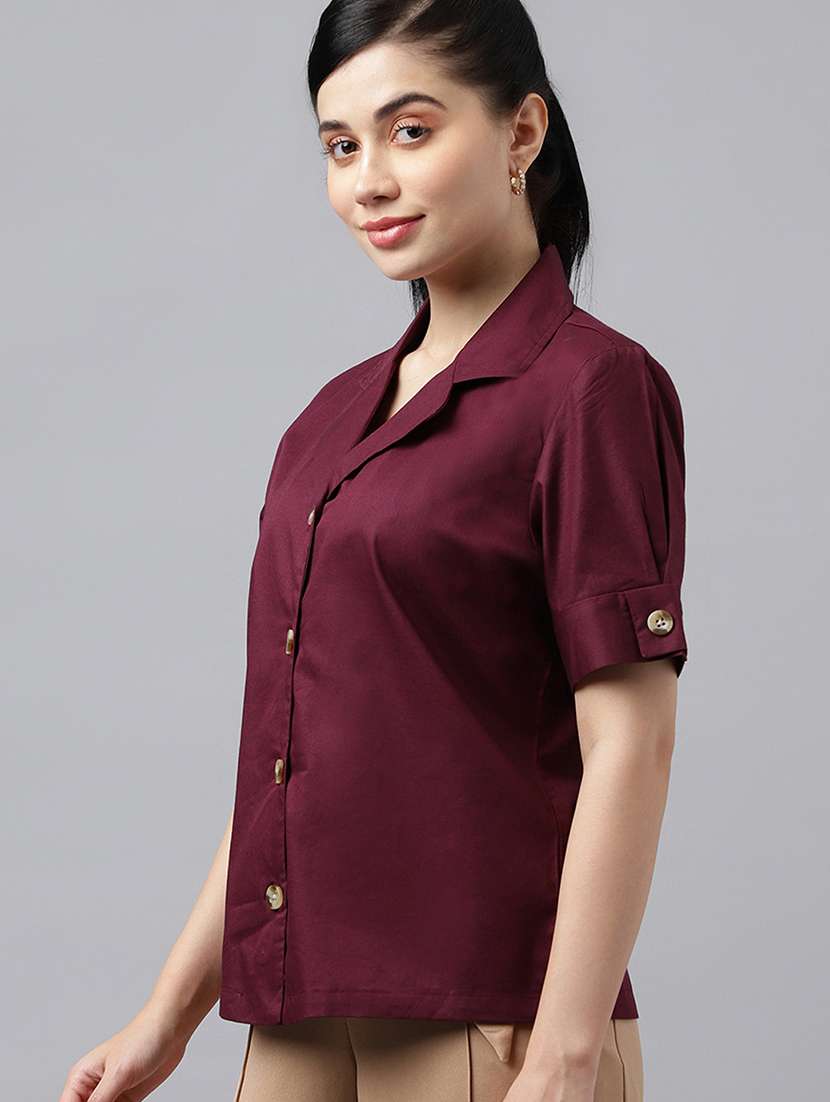women solid lapel collar short sleeve shirt - 22038656 -  Standard Image - 1