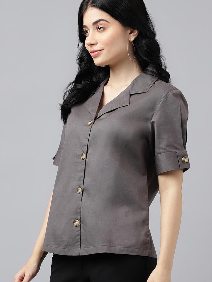 women solid lapel collar regular fit shirt - 22038657 - Standard Image - 1