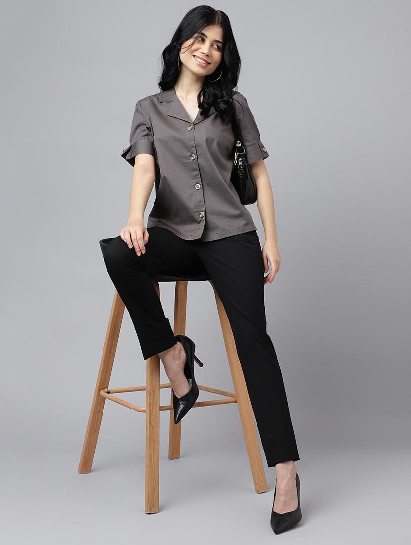 women solid lapel collar regular fit shirt - 22038657 - Standard Image - 4