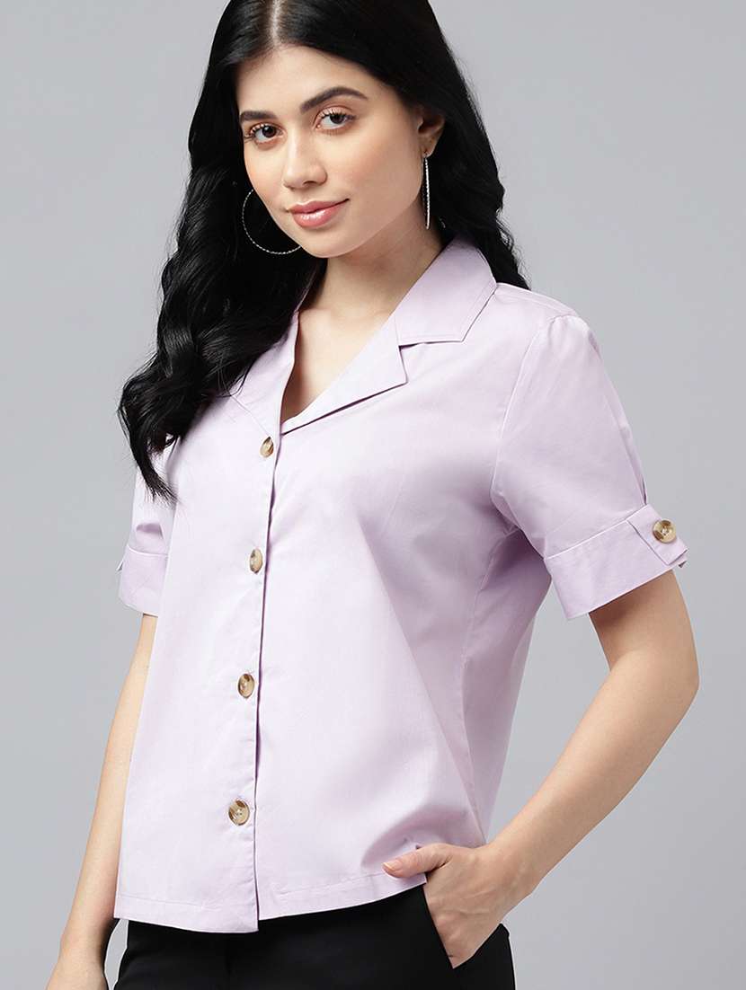women solid lapel collar regular fit shirt
