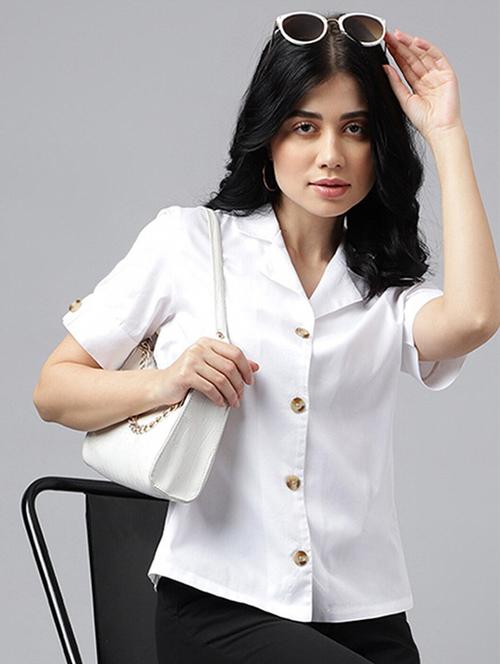 women solid lapel collar short sleeve shirt - 22038659 -  Standard Image - 0