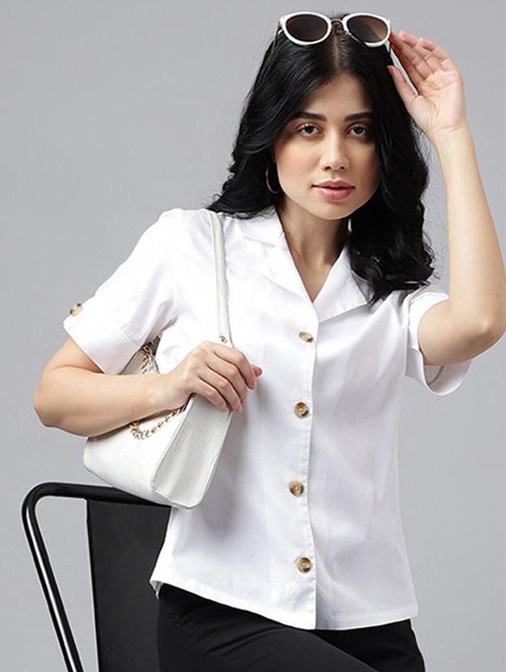 women solid lapel collar short sleeve shirt - 22038659 -  Zoom Image - 0