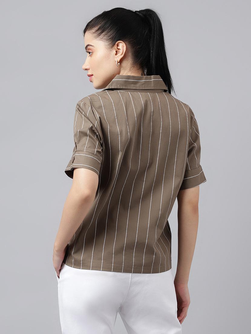 women striped lapel collar short sleeve shirt - 22038661 - Standard Image - 1