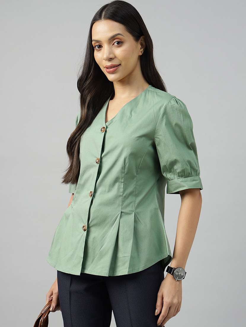 women solid puff sleeve regular fit shirt