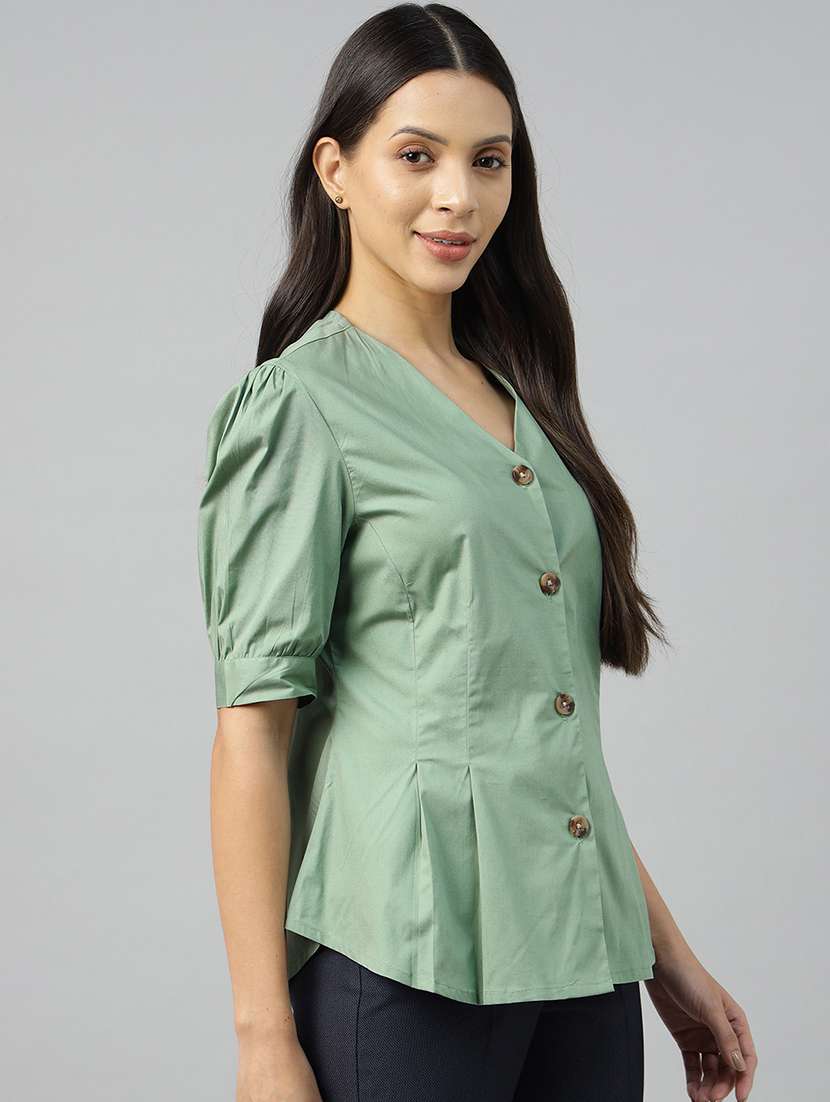women solid puff sleeve regular fit shirt - 22038671 -  Standard Image - 1