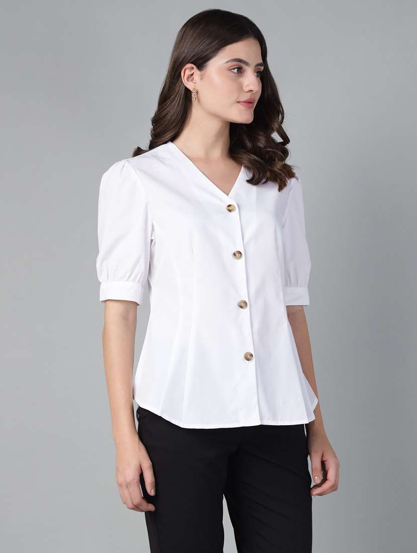 women solid puff sleeve regular fit shirt - 22038672 -  Standard Image - 1