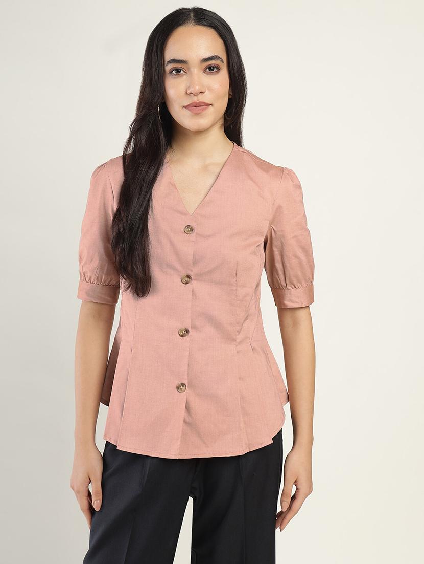 women solid v-neck puff sleeve shirt - 22038674 - Standard Image - 1