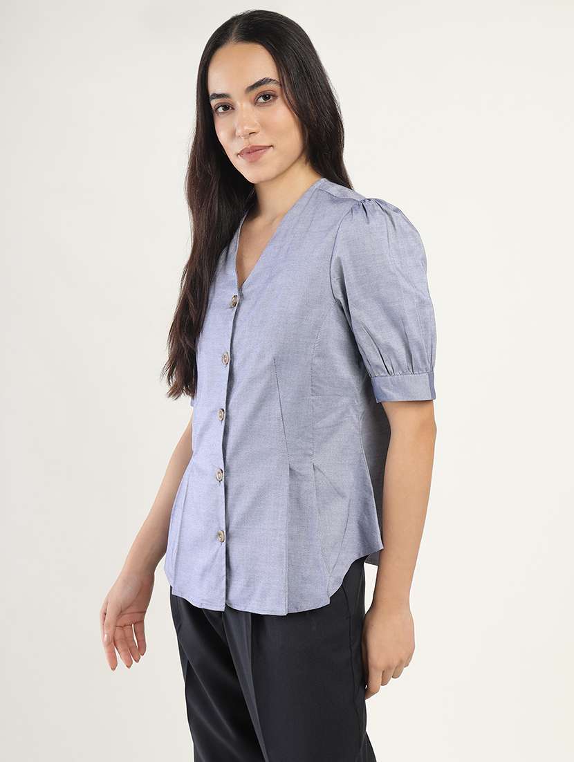 women solid puff sleeve regular fit shirt - 22038675 -  Standard Image - 1