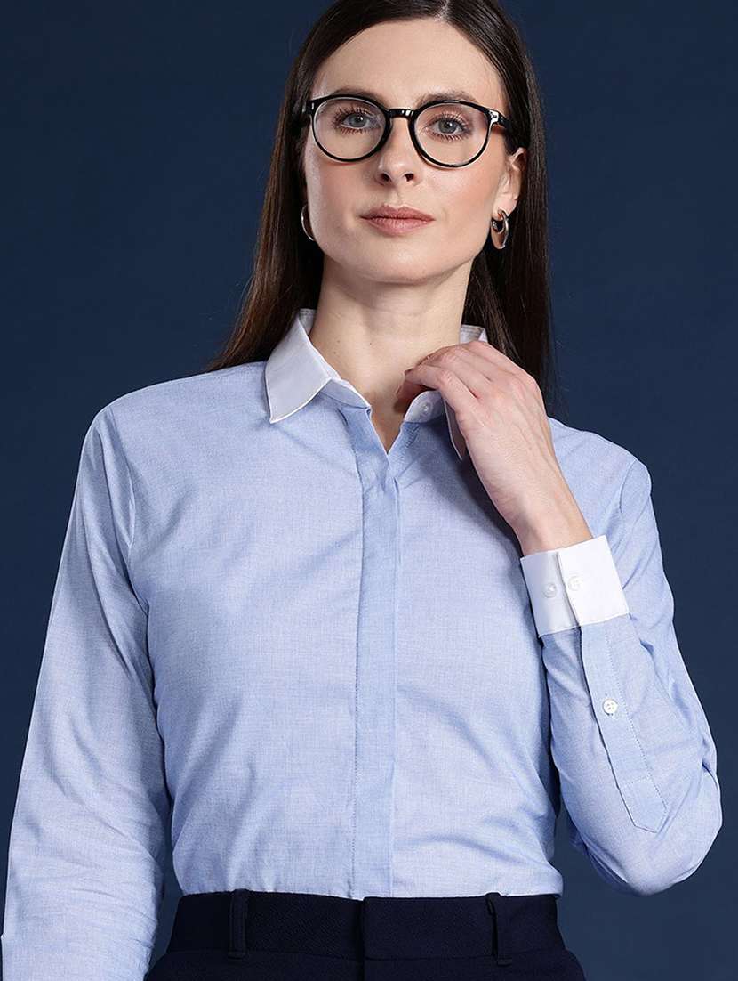 women solid collared long sleeve shirt