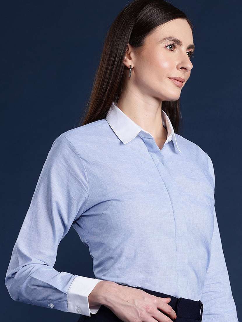 women solid collared long sleeve shirt - 22038692 -  Standard Image - 1
