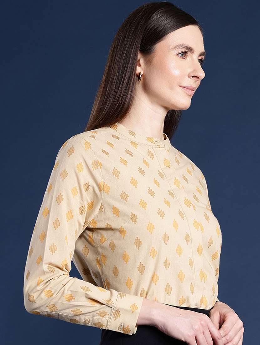 women printed mandarin collared long sleeves shirt - 22038697 -  Standard Image - 1