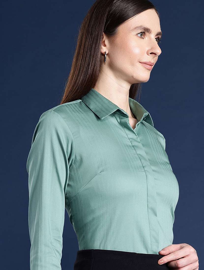 women solid collared long sleeve shirt - 22038709 -  Standard Image - 1