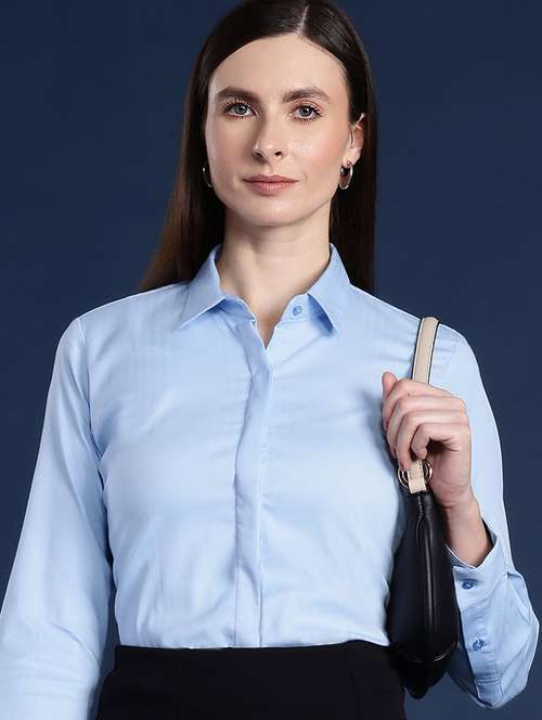 women solid collared long sleeve shirt - 22038715 - Standard Image - 0