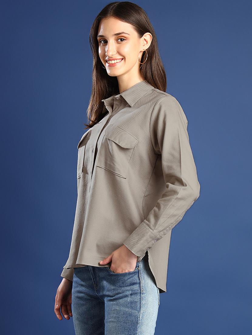 women solid collared long sleeve shirt - 22038747 - Standard Image - 1