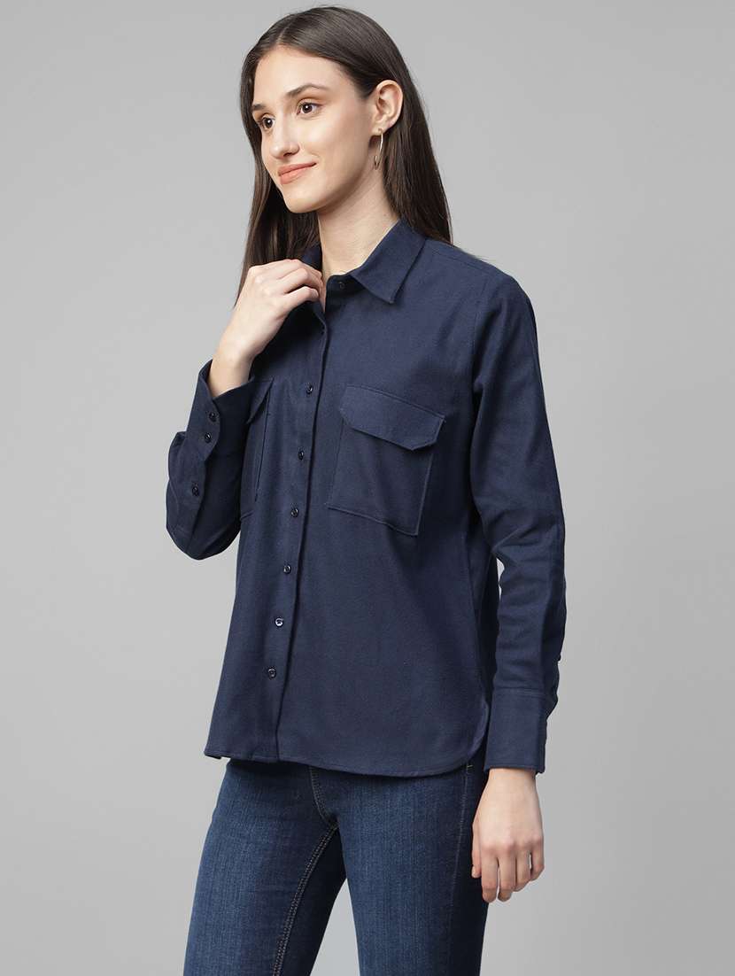 women solid collared long sleeve shirt - 22038749 -  Standard Image - 1