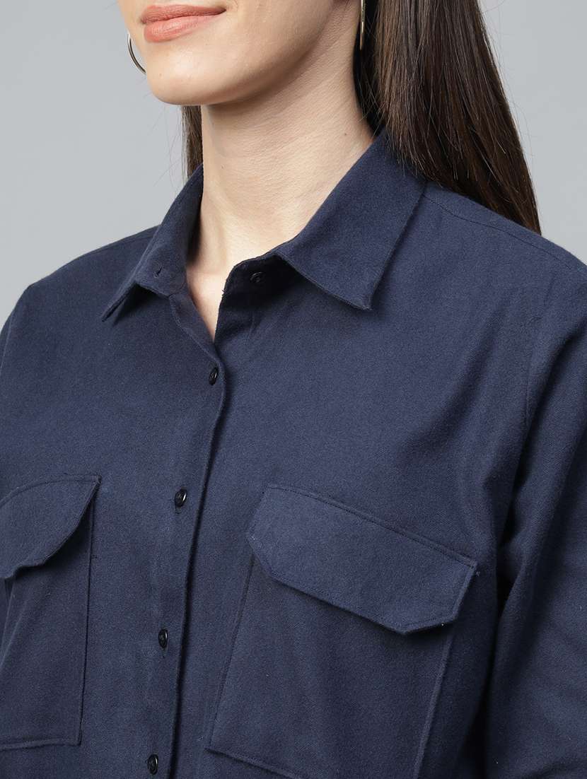 women solid collared long sleeve shirt - 22038749 -  Standard Image - 4