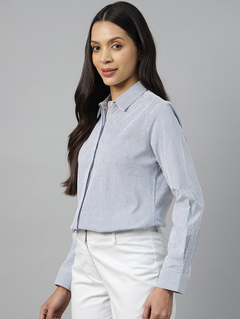 women striped collared long sleeve shirt - 22038760 - Standard Image - 1