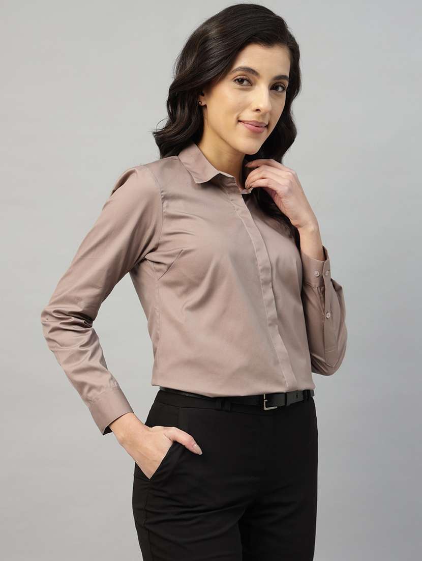 women solid collared long sleeve shirt - 22038766 -  Standard Image - 1