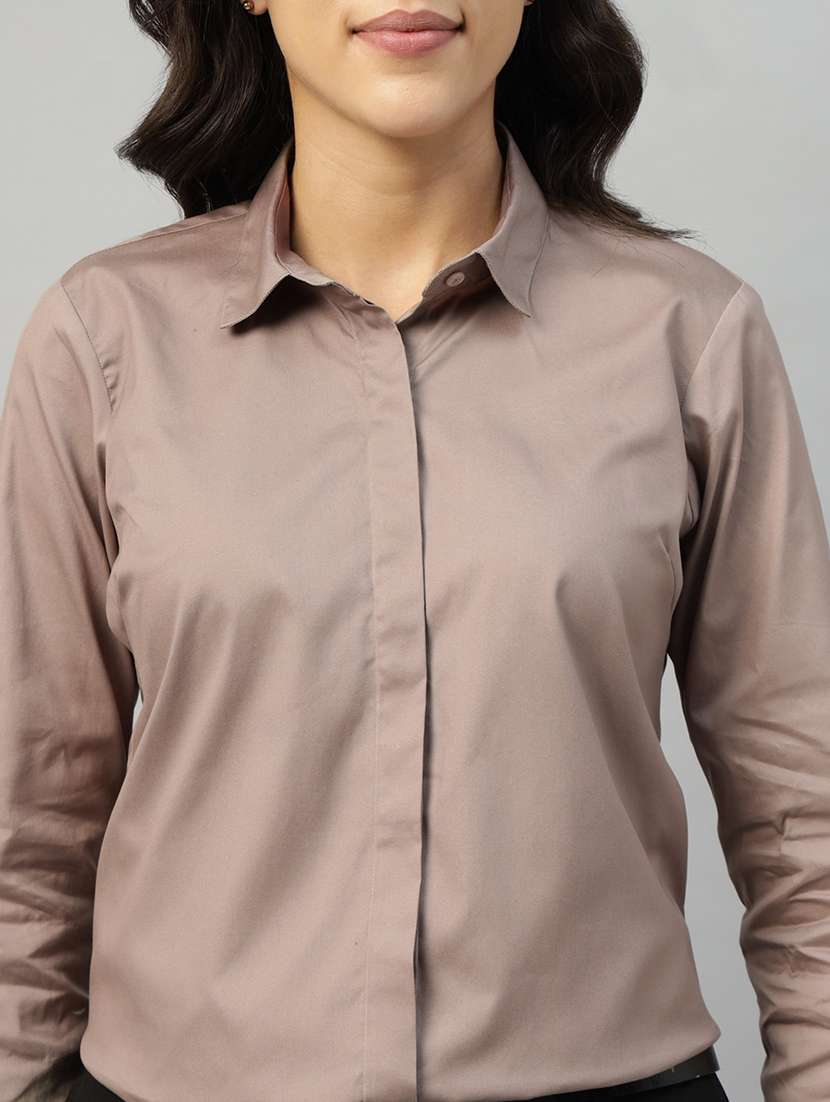 women solid collared long sleeve shirt - 22038766 -  Standard Image - 4