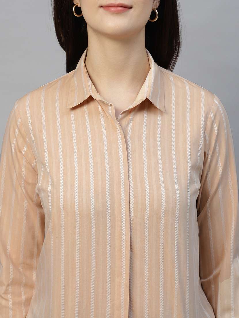 women striped collared long sleeve shirt - 22038775 - Standard Image - 4